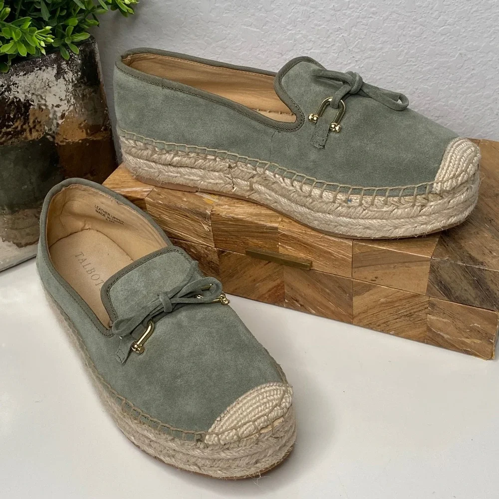 Talbots Quinn Espadrille Suede Platform Loafers Slip On Shoes Olive Green SZ 6.5